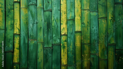 Green bamboo wall background, bamboo texture, green and yellow color tone. photo