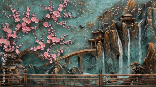 Ancient Oriental Landscape with Cherry Blossoms and Waterfalls, Generative AI