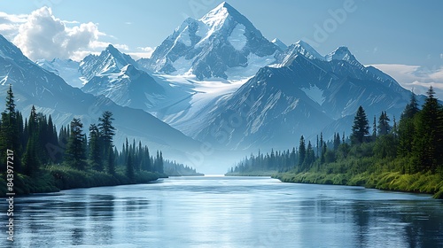 majestic mountain landscape with snowcapped peaks and a flowing river cut out on an isolated minimalistic background
