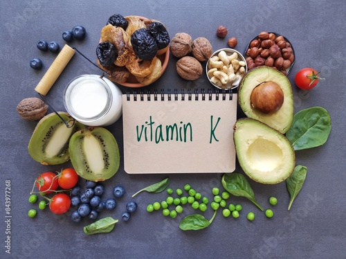 Vitamin K rich foods. High vitamin K foods. Natural dietary sources of vitamin K include dried fruit, leafy green vegetable, nuts, peas. Vitamin K helps build strong bones and regulate blood clotting. photo