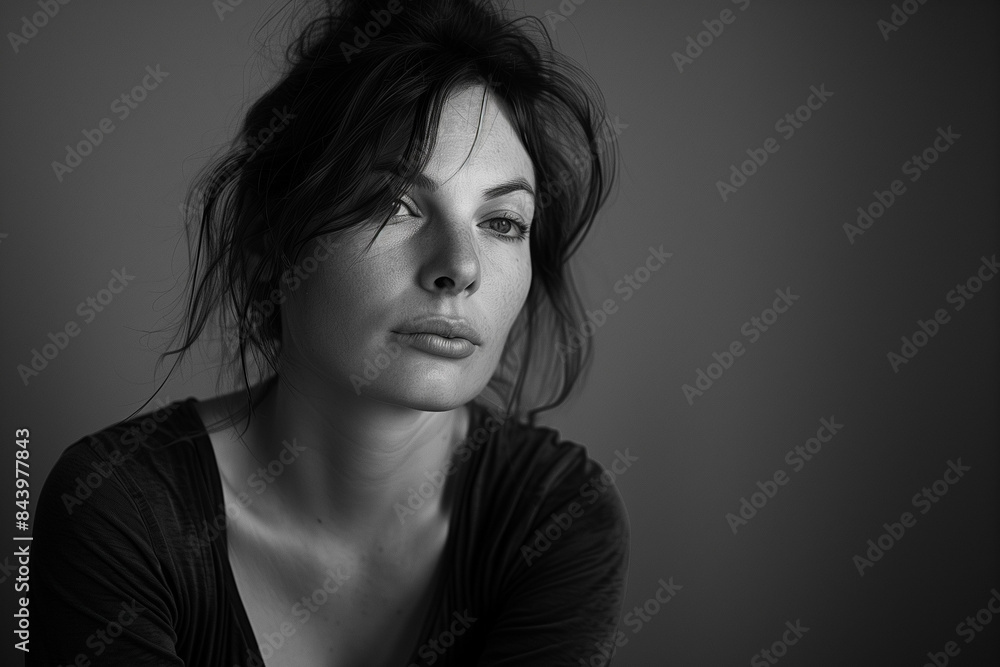 Serene Black and White Portrait: Woman with Tranquil Expression Serene Black and White Portrait: Woman with Tranquil Expression