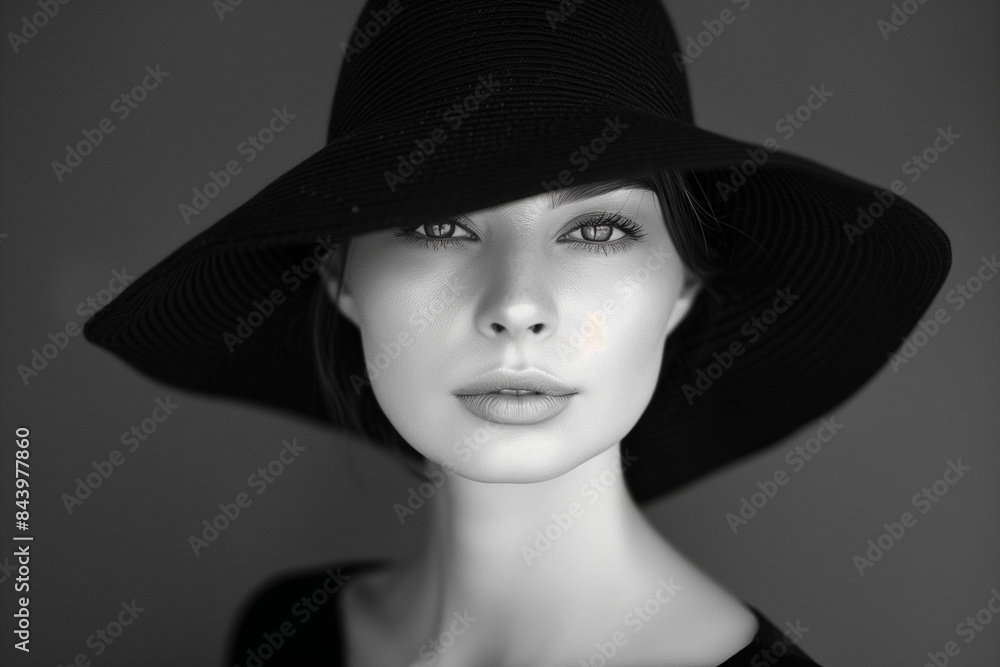 Elegant Black and White Portrait: Woman with Classic Hat Elegant Black and White Portrait: Woman with Classic Hat