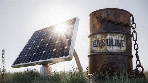 renewable and non-renewable energy sources sleek, modern solar panel  Beside it, a rugged, aged industrial gasoline barrel with rusted chains and, the importance of embracing sustainable practices 