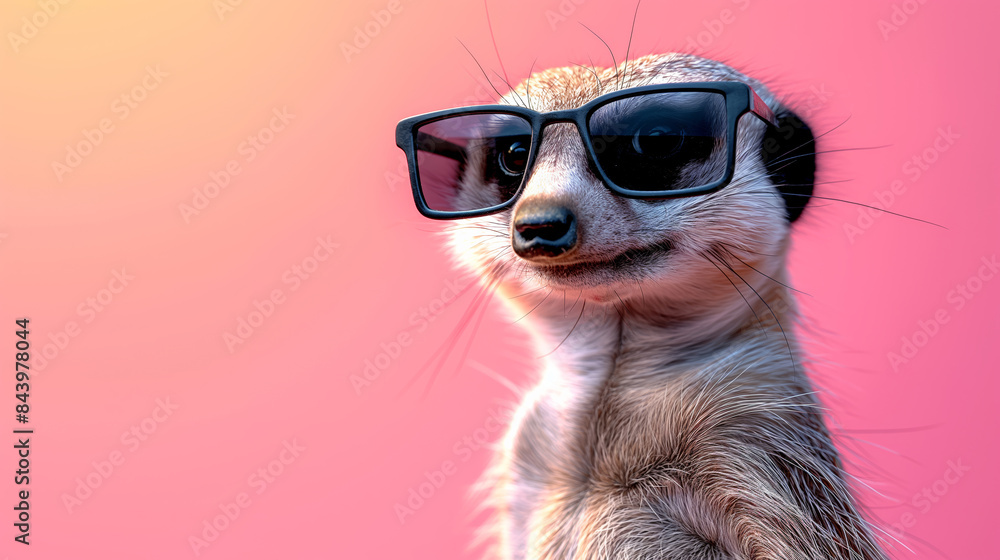 A cute little animal wearing sunglasses and a smile. A playful mood. Meerkat in sunglass shade glasses isolated on solid pastel background, commercial, editorial advertisement, surreal surrealism A cute little animal wearing sunglasses and a smile. A playful mood. Meerkat in sunglass shade glasses isolated on solid pastel background, commercial, editorial advertisement, surreal surrealism