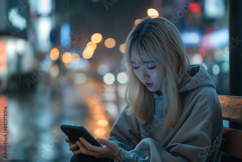 Korean girl in a Dating attire, sitting at a street bench and playing with her smartphone ,her expression very sad and crying hard