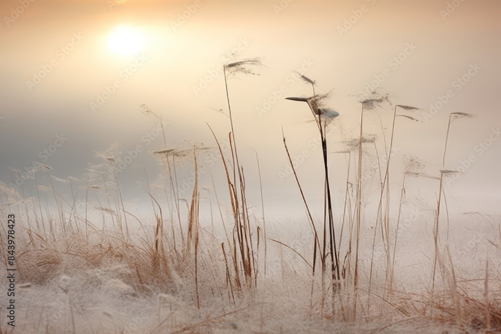 Sunlit reeds in winter field at sunset, serene scene of reed stems in snowy landscape Sunlit reeds in winter field at sunset, serene scene of reed stems in snowy landscape