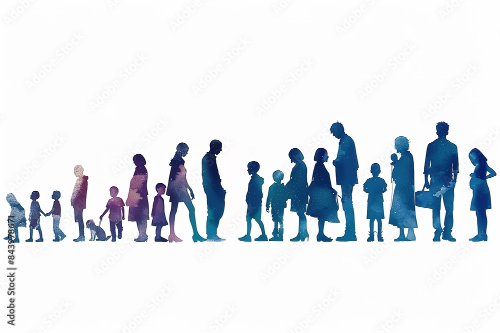 Generations of people are standing on a white background. The chain of procreation is interrupted by the last adult man who can not have children. Infertility, medical and social problems. Generations of people are standing on a white background. The chain of procreation is interrupted by the last adult man who can not have children. Infertility, medical and social problems.