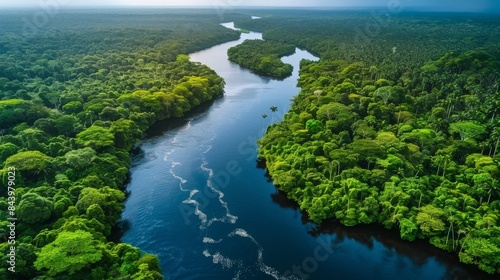The image showcases a breathtaking aerial view of a meandering river cutting through a lush, dense tropical rainforest