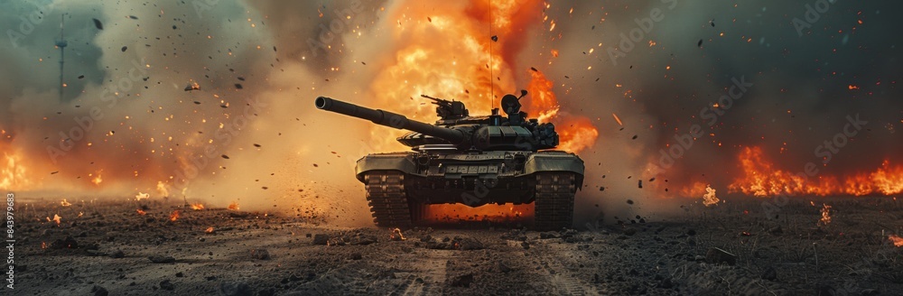 Close up of T80 tank firing its main cannon, burning ground in the background, epic scene Close up of T80 tank firing its main cannon, burning ground in the background, epic scene