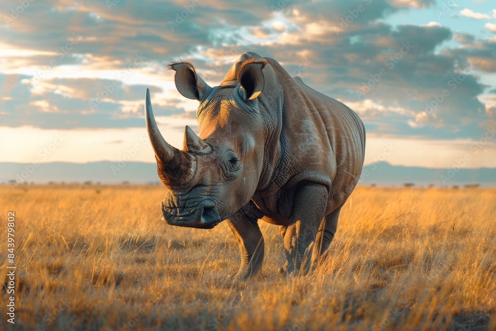 Obraz premium White Rhino Grazing at Sunset