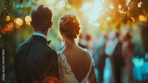 A back view of a wedding couple witnessing their ceremony amid a sunset, creating a romantic atmosphere