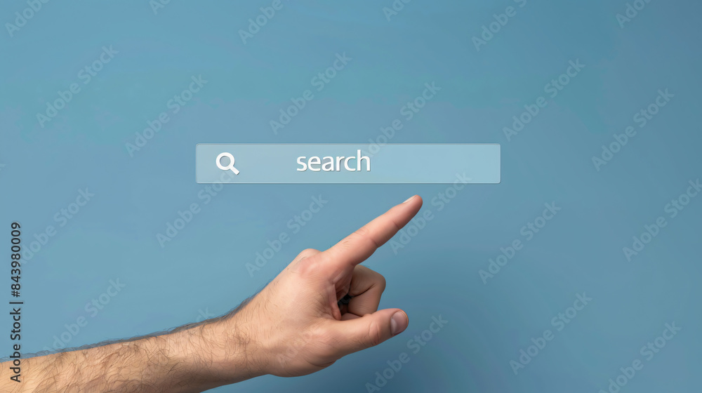 Concept for internet search and information with a caucasian man gesturing towards a digital search bar Concept for internet search and information with a caucasian man gesturing towards a digital search bar