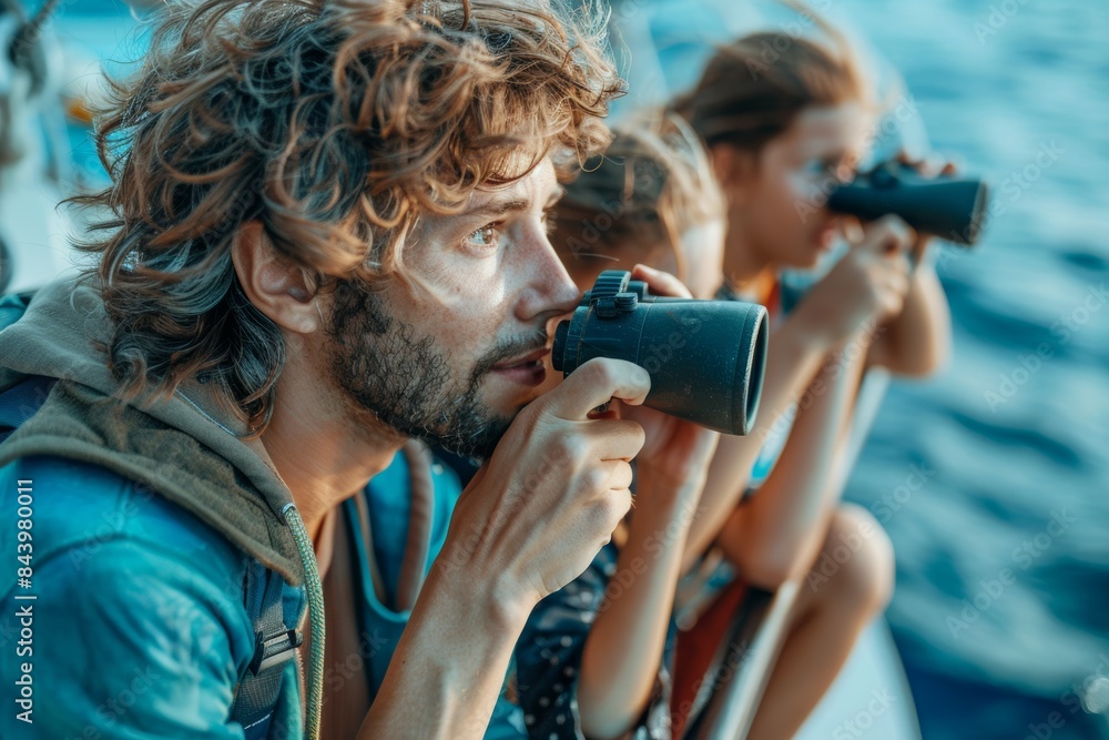 Naklejka premium Family Exploring Ocean With Binoculars