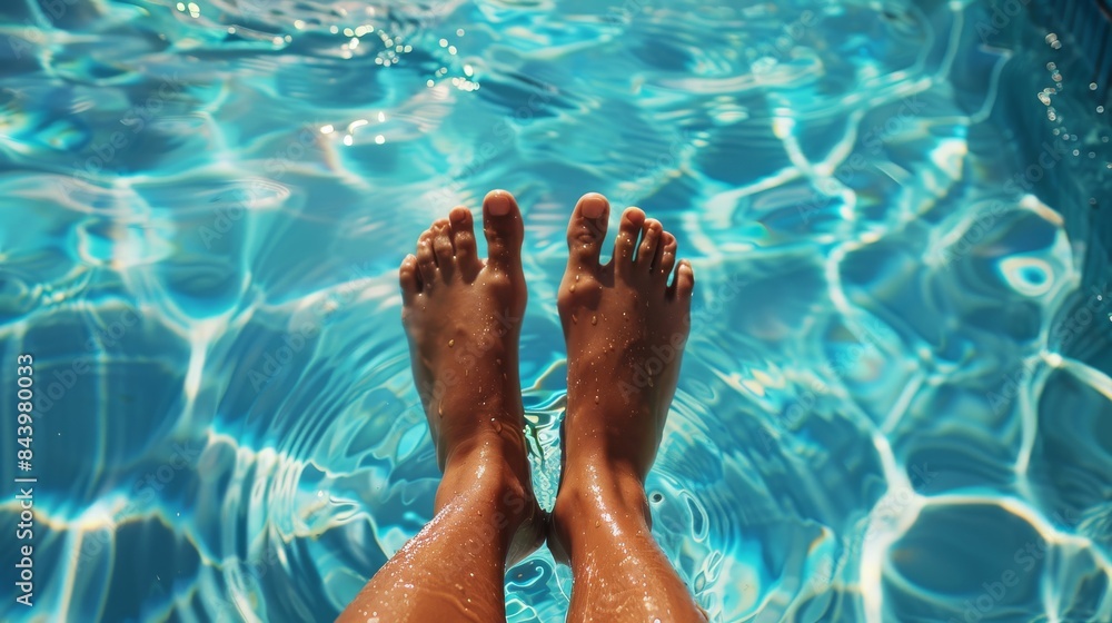 A relaxing scene with a person's legs dangling in clear blue pool water, reflecting a sense of leisure