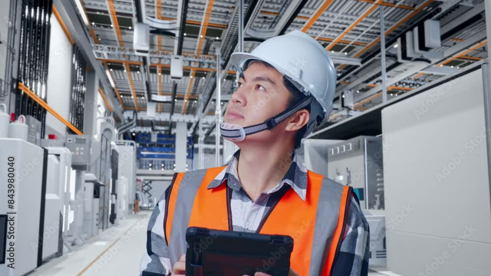 Close Up Of Asian Male Engineer With Safety Helmet Looking At The Tablet In His Hand And Looking Around While Standing At Factory Digitalization Close Up Of Asian Male Engineer With Safety Helmet Looking At The Tablet In His Hand And Looking Around While Standing At Factory Digitalization