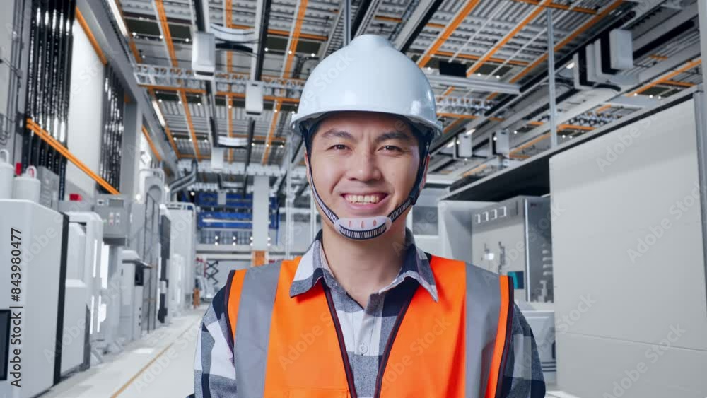 Close Up Of Asian Male Engineer With Safety Helmet Smiling To Camera While Standing At Factory Digitalization Close Up Of Asian Male Engineer With Safety Helmet Smiling To Camera While Standing At Factory Digitalization
