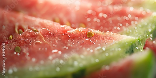 Closeup of juicy watermelon slice with seeds. Refreshing and summer theme. Image for print  poster  banner with copy space.