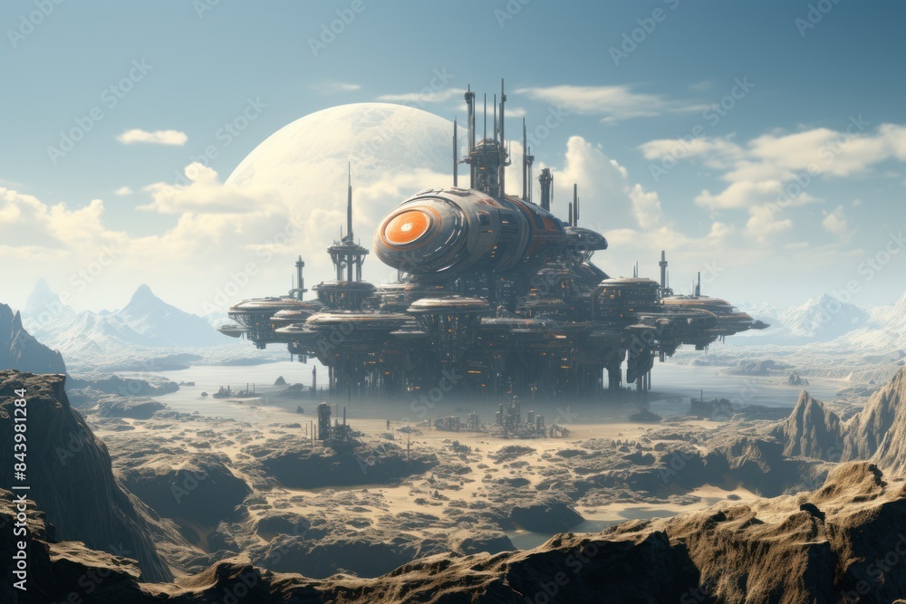 Fototapeta premium A huge spaceship in the middle of the desert against the backdrop of a large planet. There are clouds in the sky and mountains are visible in the distance.