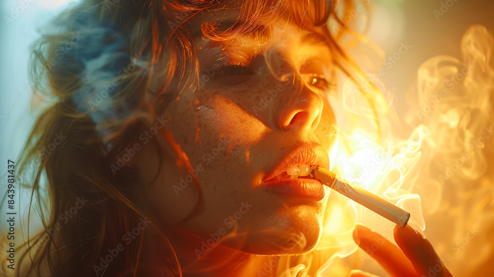 Fototapeta premium A woman is smoking a cigarette and the smoke is yellow. The woman has red hair and is wearing a red shirt