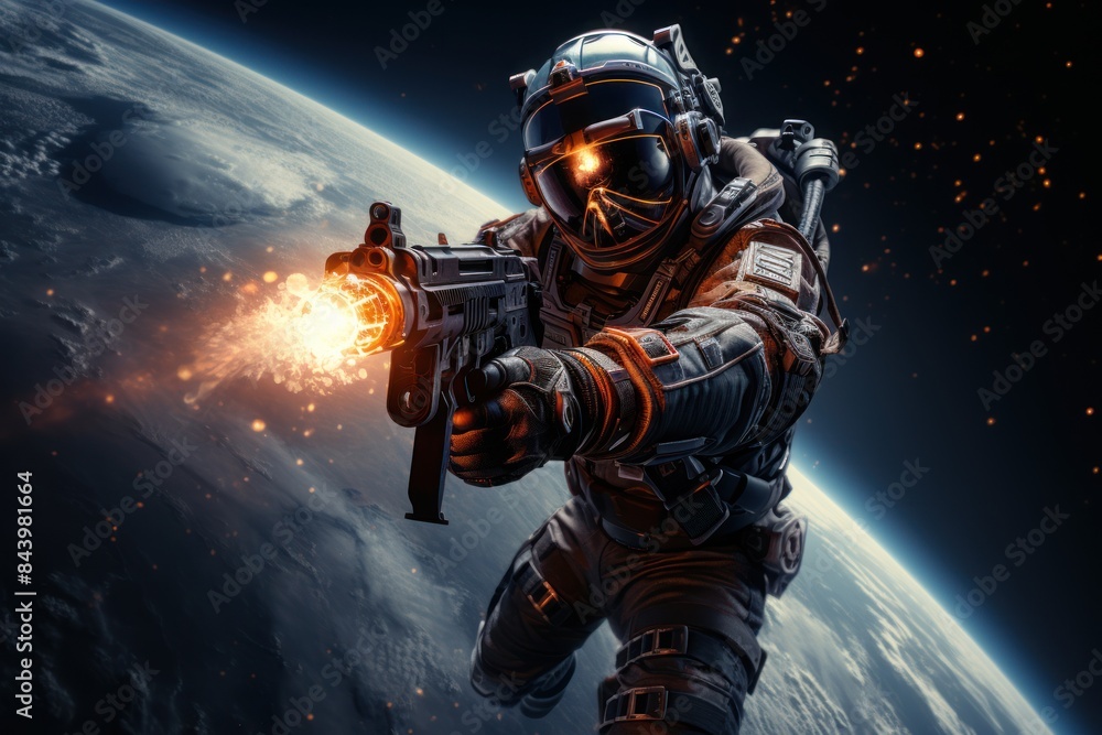 An astronaut in a spacesuit in space aims from a blaster against the backdrop of a large planet. An astronaut in a spacesuit in space aims from a blaster against the backdrop of a large planet.