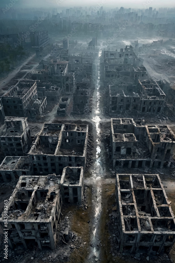 Doomsday. Aerial View of destroyed city, apocalypse ruined, urban ...