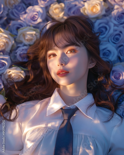 Thai high school Student, School girl in a sharp white shirt and dark slate blue necktie ,laying down on a bed of Blue rose fulled on background