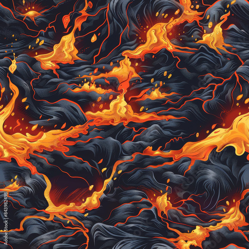 Seamless A drawing of a lava flow with orange and black colors