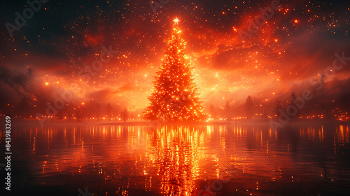 A Christmas tree and red Christmas balls with winter glowing blurred the background