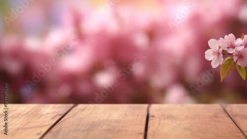 Cherry blossoms on wooden table with soft-focus floral background. Cherry blossoms blooming with pink petal at spring season with blurring background. Springtime and nature beauty concept. AIG35.
