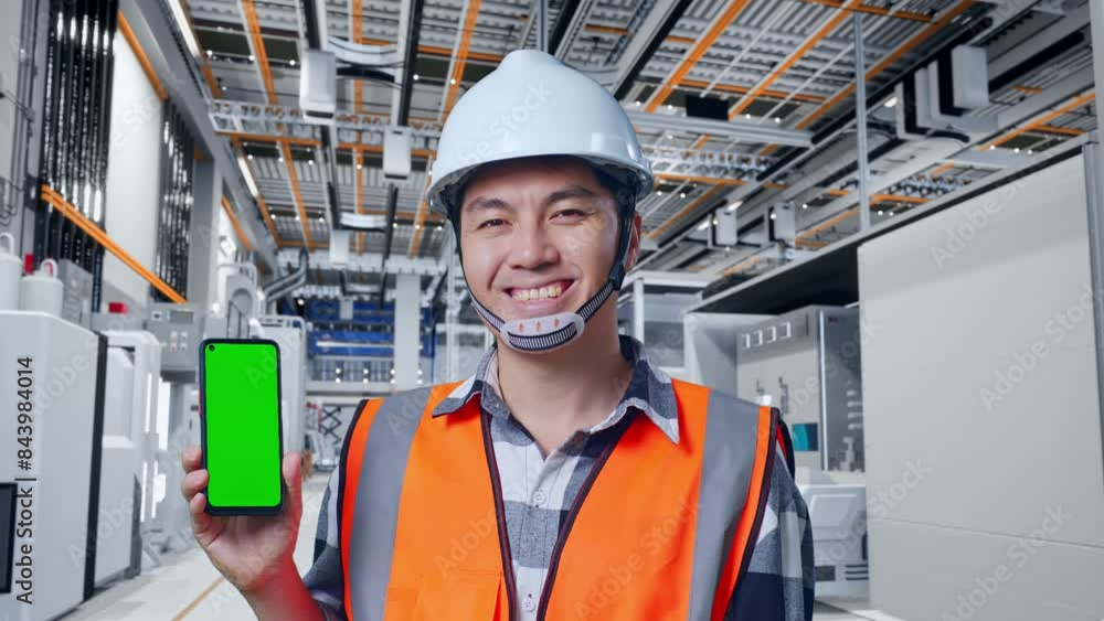 Close Up Of Asian Male Engineer With Safety Helmet Smiling And Showing Green Screen Smartphone To The Camera While Standing At Factory Digitalization Close Up Of Asian Male Engineer With Safety Helmet Smiling And Showing Green Screen Smartphone To The Camera While Standing At Factory Digitalization