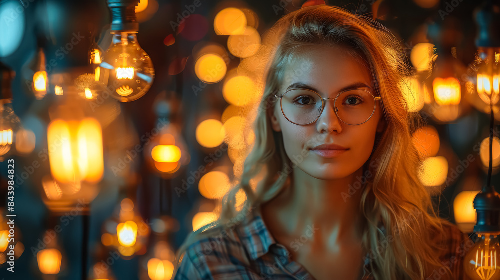A woman with glasses is standing in front of a bunch of lights. The lights are of different colors and sizes, creating a warm and inviting atmosphere A woman with glasses is standing in front of a bunch of lights. The lights are of different colors and sizes, creating a warm and inviting atmosphere