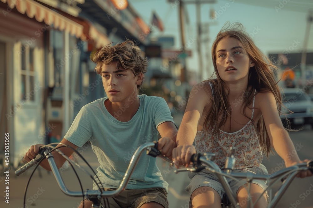 Obraz premium Teenagers Ride Bikes on Sunny Day