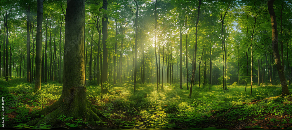 Obraz premium Sunlight streaming through trees, Panoramic Sunny Forest