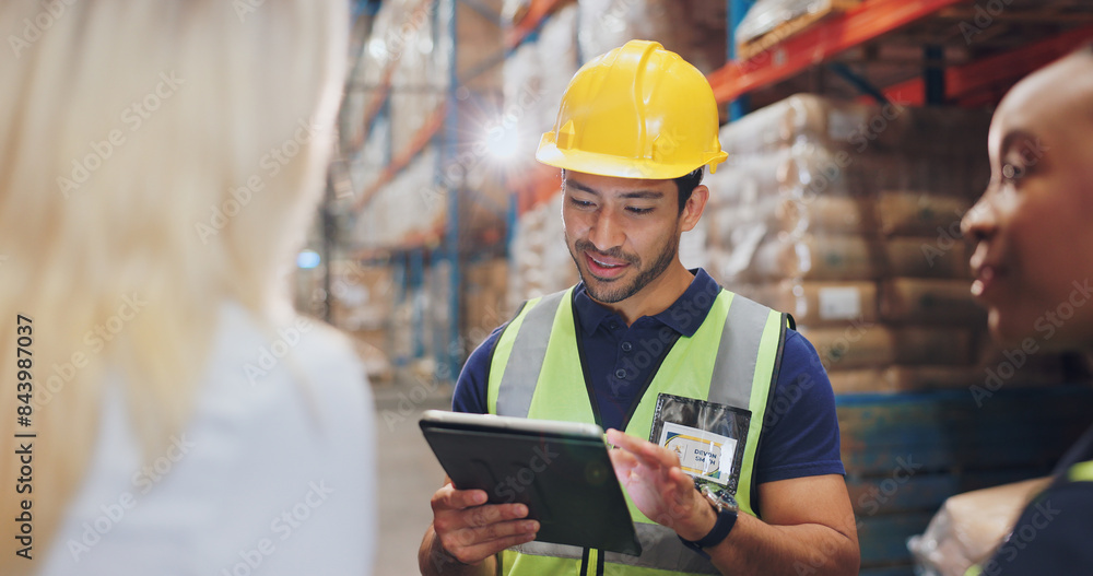 People, tablet and discussion in warehouse for logistics with group, planning and check inventory. Man, women and team with digital touchscreen on app for supply chain, inspection or stock in factory People, tablet and discussion in warehouse for logistics with group, planning and check inventory. Man, women and team with digital touchscreen on app for supply chain, inspection or stock in factory