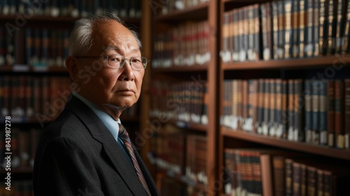 The picture of the east asian male lawyer is staying inside the library of document about law, the lawyer require skill like legal knowledge, communication, critical thinking, ethical judgment. AIG43.