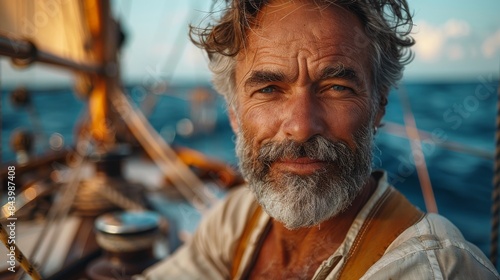 A seasoned sailor with striking features smiles warmly, amidst sailing equipment and the ocean backdrop