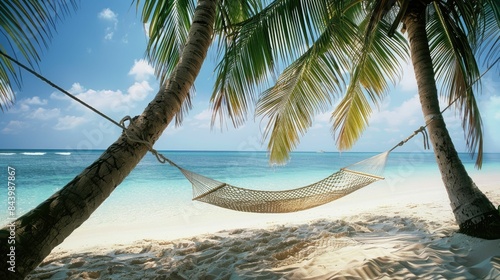 A hammock is swaying between two tall palm trees on a sandy beach  overlooking the crystalclear water and blue sky. The natural landscape is serene and perfect for relaxation AIG50