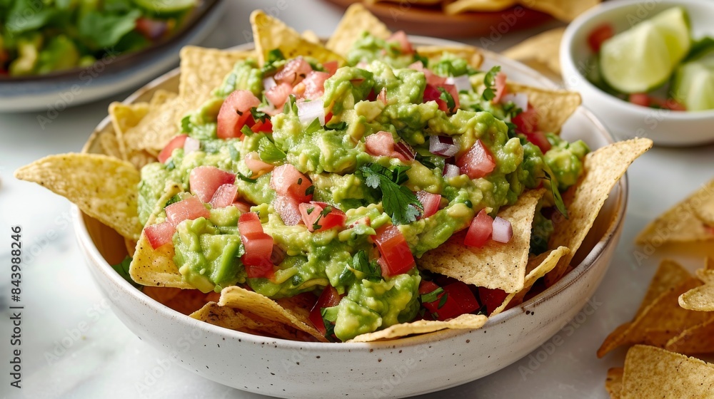 Homemade Guacamole and Tortilla Chips in White Bowl on Marble Surface Homemade Guacamole and Tortilla Chips in White Bowl on Marble Surface