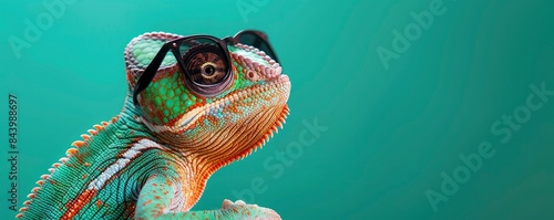 A colorful chameleon wearing sunglasses against an emerald green background