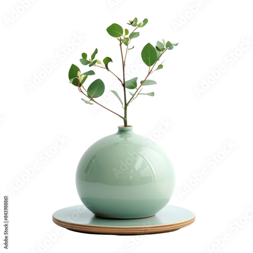 A simple green ceramic vase with a small sprig of leaves, sitting on a wooden base. The vase is round and has a smooth, glossy finish.