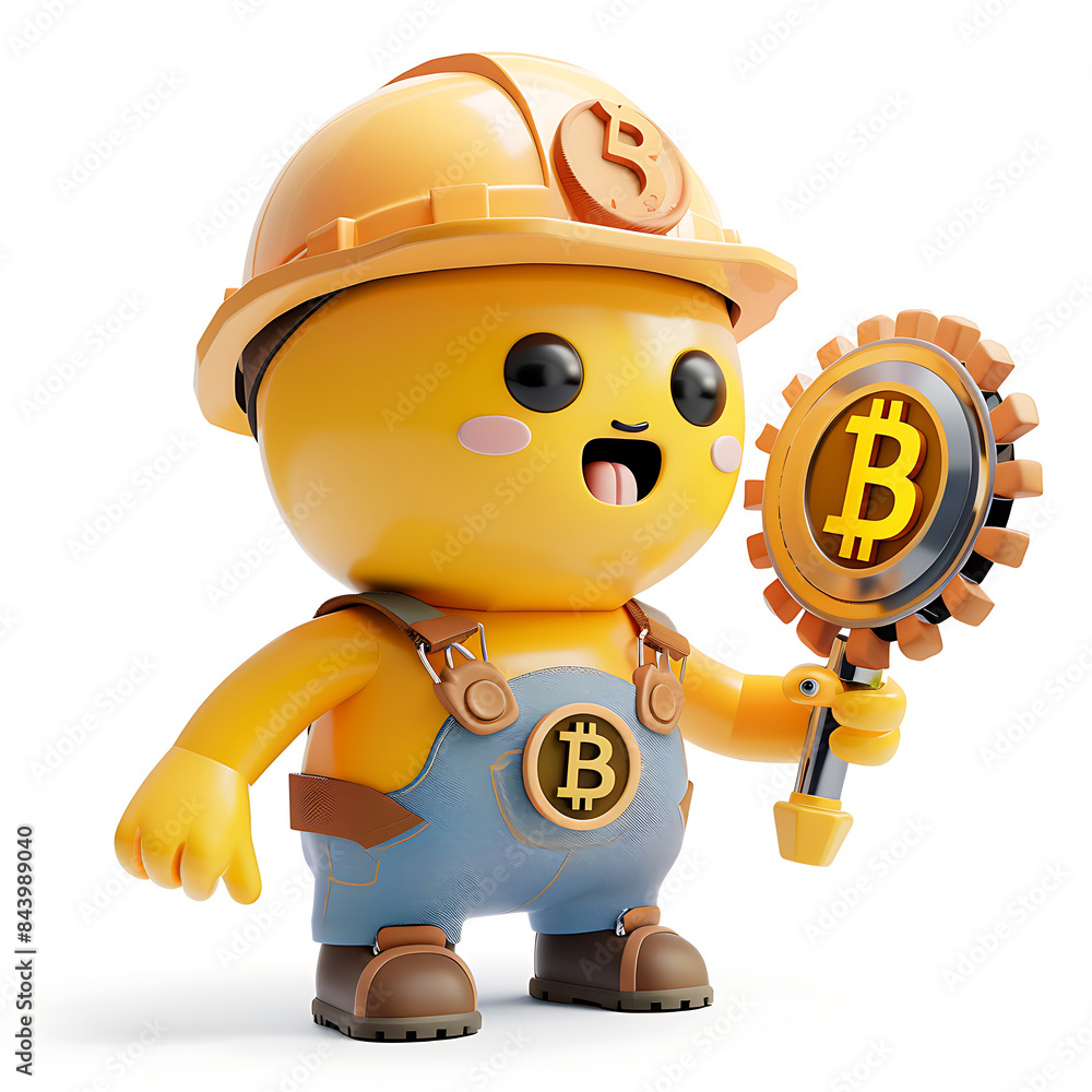 Fototapeta premium Cryptocurrency miner, bitcoin, man in miner's helmet, with bitcoin emblem, funny 3d illustration on white background