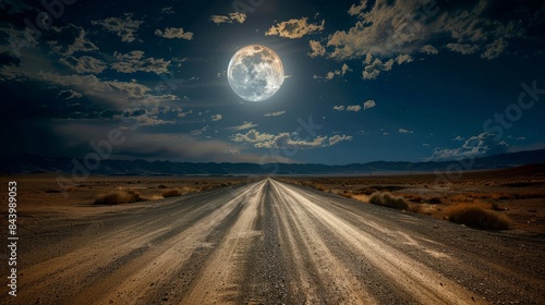 A road stretching towards the moon in a vast desert, with the white glowing moon and craters in a black sky filled with clouds at night photo