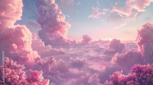 A sky filled with vibrant pink clouds, soft and fluffy like cotton candy, set in a peaceful, fantasy landscape © JP STUDIO LAB