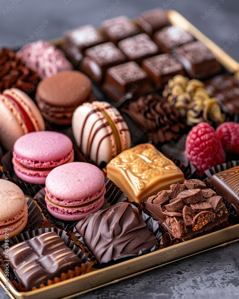A Detailed Close-up of a Dessert Tray with Macarons, Artisanal Chocolates, and Pastries