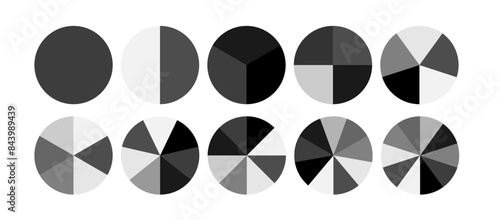 Segment infographic. Pie chart icons. 2,3,6,10,20 circle section graph. Wheel round diagram part symbol. Vector