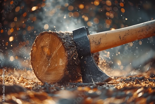 Wood Chopping Action Shot: Axe Striking in Dynamic Frame