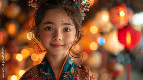 Serene child with a subtle smile, surrounded by brightly lit lanterns