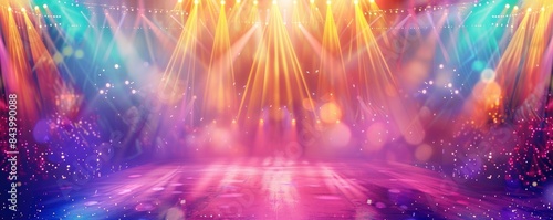 a concert stage with vibrant lights and a cheering crowd photo