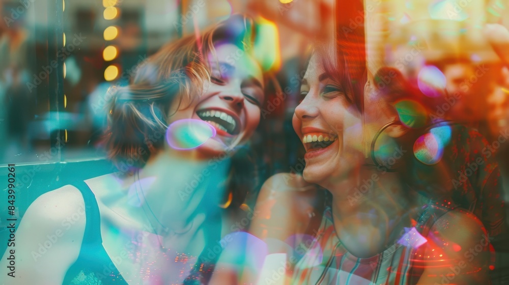 Two women laughing together in a vibrant, colorful urban setting, capturing joy, friendship, and a lively atmosphere. Two women laughing together in a vibrant, colorful urban setting, capturing joy, friendship, and a lively atmosphere.