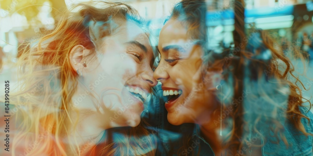 Two smiling friends enjoy a joyful moment together, captured in a vibrant, colorful setting with reflections enhancing the lively atmosphere. Two smiling friends enjoy a joyful moment together, captured in a vibrant, colorful setting with reflections enhancing the lively atmosphere.